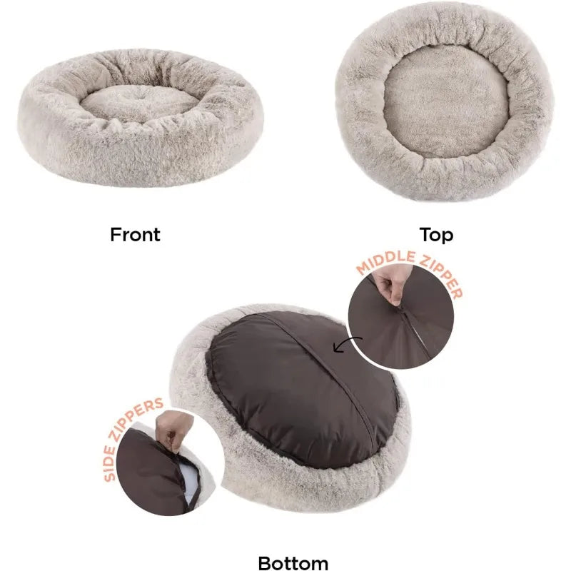 SnuggleSoft Faux Rabbit Fur Memory Foam Calming Donut Bed for Dogs and Cats