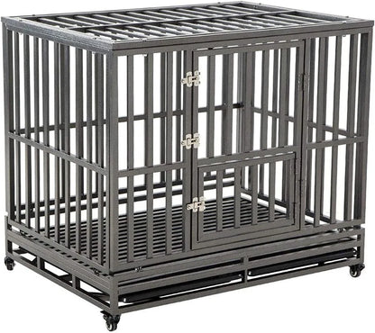 46" Heavy Duty Strong Metal Dog Cage Pet Kennel Crate Playpen Wheels I Shape Black Rugged Non-toxic EASY TO CLEAN & MOVE