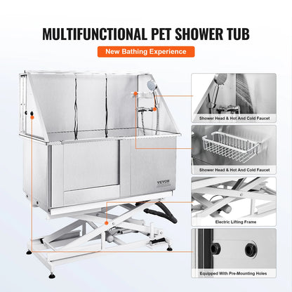 50" Pet Dog Grooming Tub Electric Height Adjustment Stainless Steel Bathing Station Bathtub