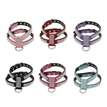 New Adjustable Bling K-shaped Rhinestone PU Leather Dog Collar Necklace Pet Chest Strap Harness Leash Quick Release