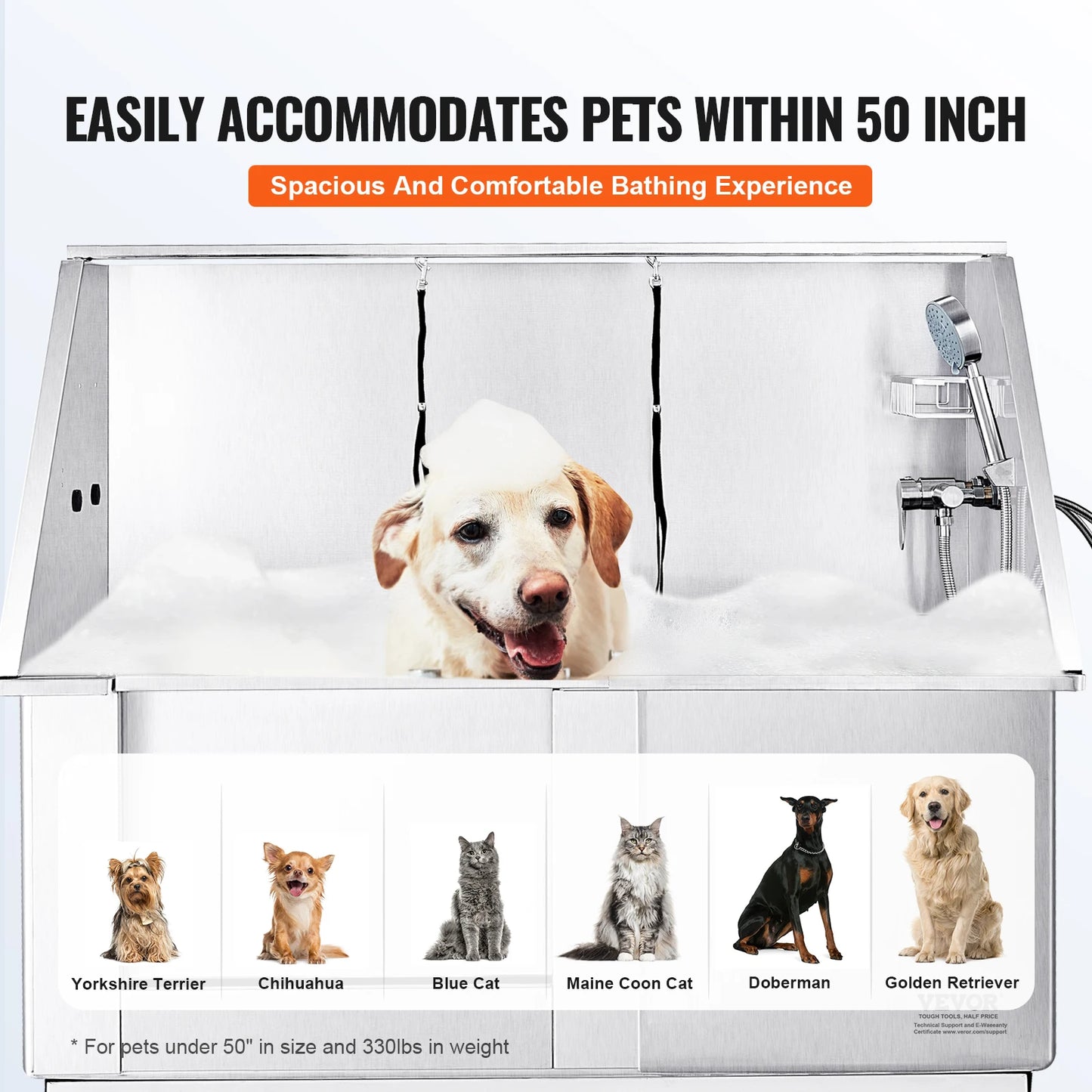 50" Pet Dog Grooming Tub Electric Height Adjustment Stainless Steel Bathing Station Bathtub