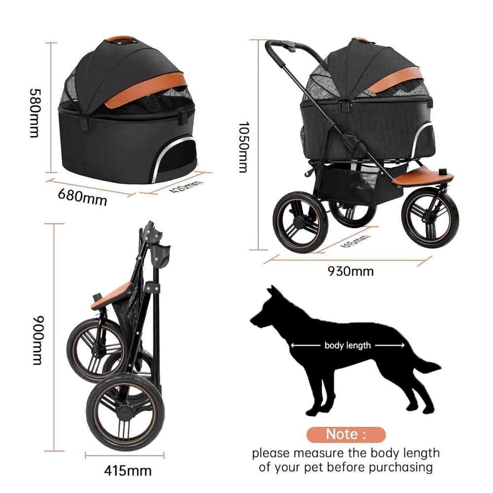 3in1 Pet Stroller Dog/Cat Jogger Strollers 3 Wheels, Storage Basket and One-Button Folding Frame