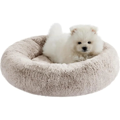 SnuggleSoft Faux Rabbit Fur Memory Foam Calming Donut Bed for Dogs and Cats