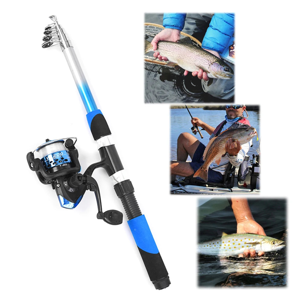 Rod Reel Combo Full Kit w/ 2PCS 2.1m Telescopic Fishing Rods 2PCS Spinning Reels Fishing, Lures, Hooks Accessories