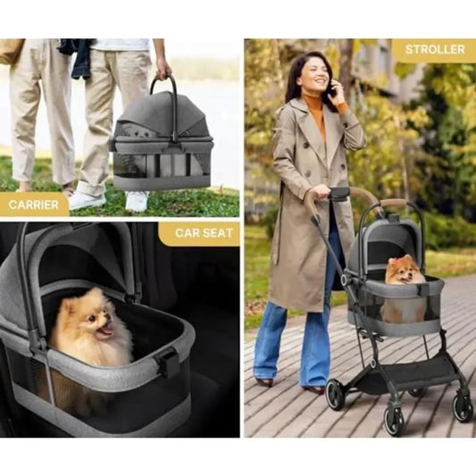 3 in 1 Pet Stroller - Folding Cat Strollers for 2 Cats, Storage Basket & 35lbs Max Cap- Urban, Lightweight Dog Stroller