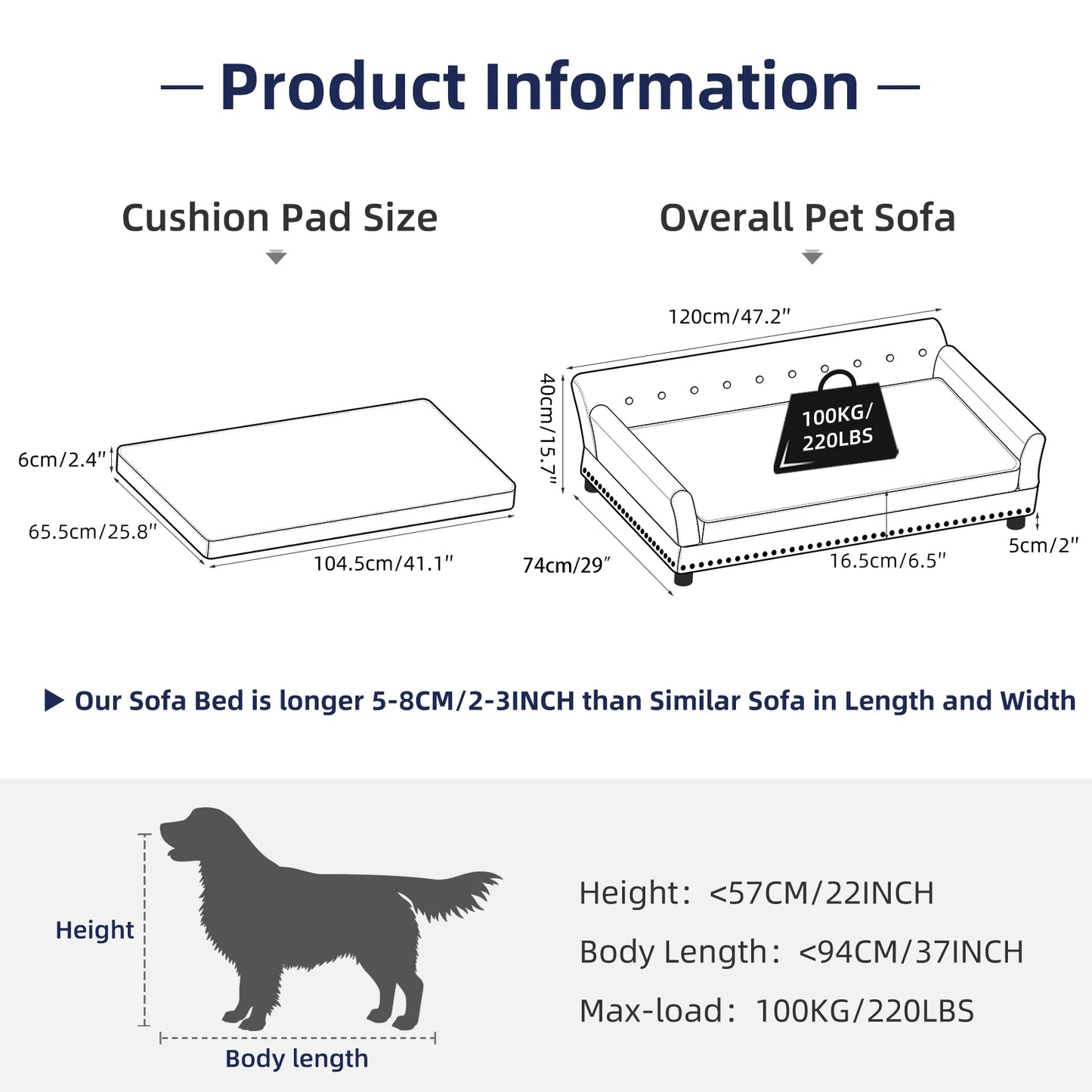 L XXL Large Dog Bed Sofa Dutch Velvet Upholstered Pet Couch Bed Solid Wood Legs Detachable Pad