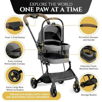 3 in 1 Pet Stroller - Folding Cat Strollers for 2 Cats, Storage Basket & 35lbs Max Cap- Urban, Lightweight Dog Stroller