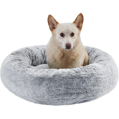 SnuggleSoft Faux Rabbit Fur Memory Foam Calming Donut Bed for Dogs and Cats