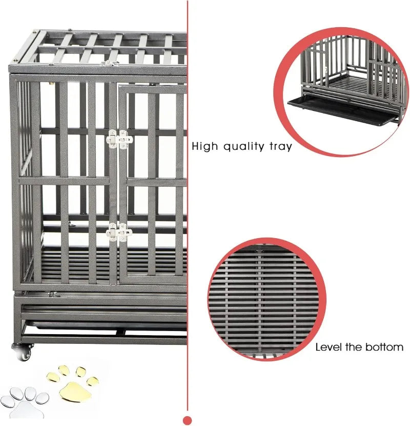 46" Heavy Duty Strong Metal Dog Cage Pet Kennel Crate Playpen Wheels I Shape Black Rugged Non-toxic EASY TO CLEAN & MOVE