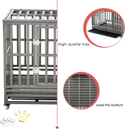 46" Heavy Duty Strong Metal Dog Cage Pet Kennel Crate Playpen Wheels I Shape Black Rugged Non-toxic EASY TO CLEAN & MOVE