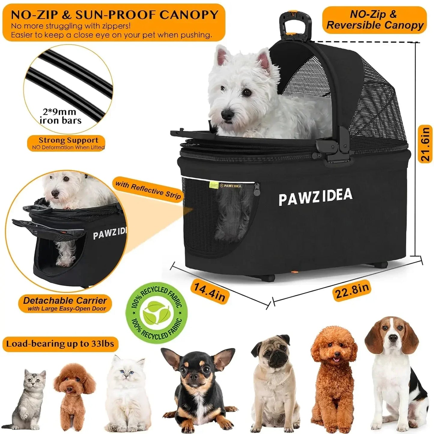 Pet Stroller 4 in 1,  for Small/Medium Dogs/Cats with Detachable Carrier W/ Seatbelt