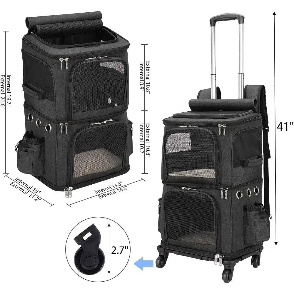 Backpack with Wheels for Dual Compartment Pet Carrier for Small Cats & Dogs