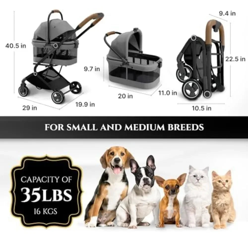 3 in 1 Pet Stroller - Folding Cat Strollers for 2 Cats, Storage Basket & 35lbs Max Cap- Urban, Lightweight Dog Stroller