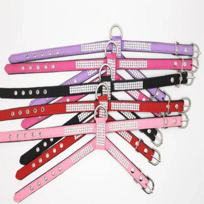 New Adjustable Bling K-shaped Rhinestone PU Leather Dog Collar Necklace Pet Chest Strap Harness Leash Quick Release