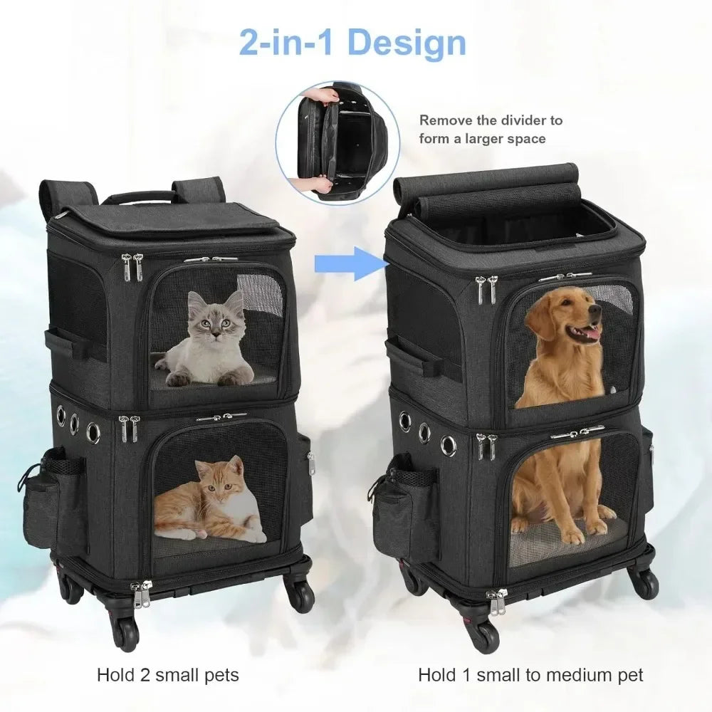 Backpack with Wheels for Dual Compartment Pet Carrier for Small Cats & Dogs