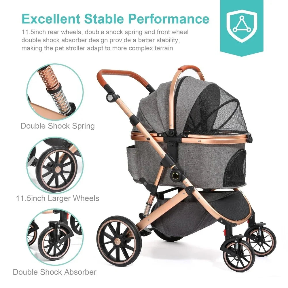 Stroller for Small Medium Dogs,Pet Stroller 3-in-1 4 Wheels Travel Jogger for Puppies Doggies Stroller with Detachable Carrier