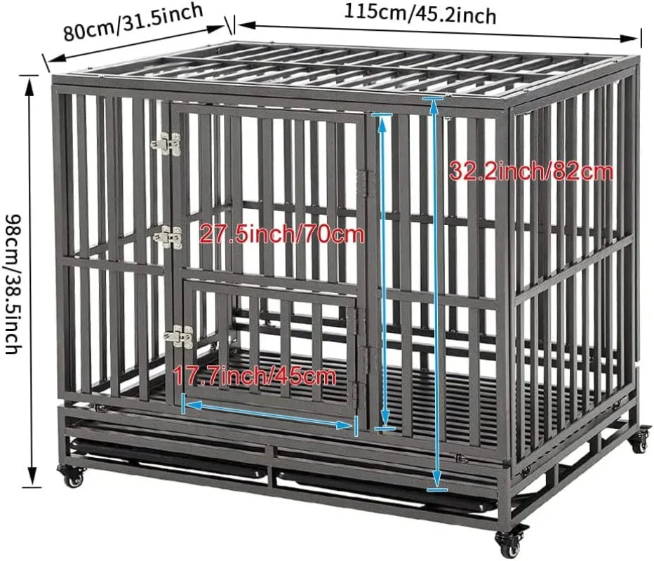 46" Heavy Duty Strong Metal Dog Cage Pet Kennel Crate Playpen Wheels I Shape Black Rugged Non-toxic EASY TO CLEAN & MOVE