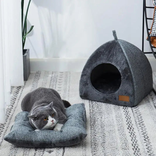 Semi-enclosed Cat Bed Non-slip Pet Kennel Gray Kitten House