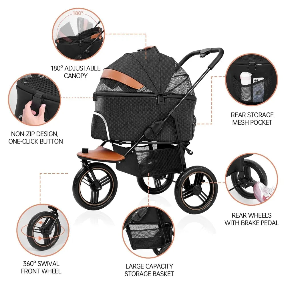 3in1 Pet Stroller Dog/Cat Jogger Strollers 3 Wheels, Storage Basket and One-Button Folding Frame