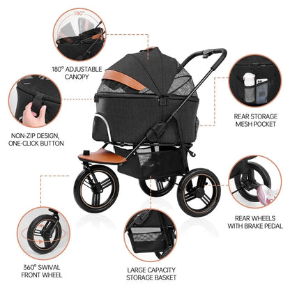 3in1 Pet Stroller Dog/Cat Jogger Strollers 3 Wheels, Storage Basket and One-Button Folding Frame