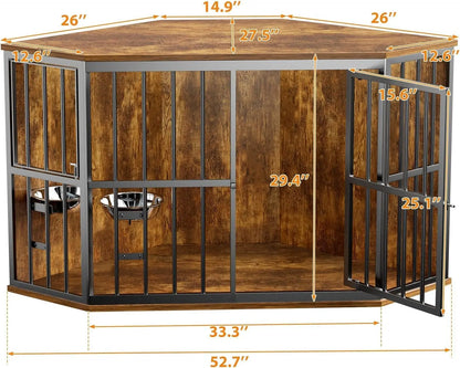 53 inch Furniture Dog Crate Corner, Dog Kennel Corner Wooden End Table with Bowl,