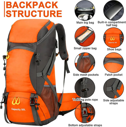 Waterproof 50L Lightweight Travel Backpack with Rain Cover