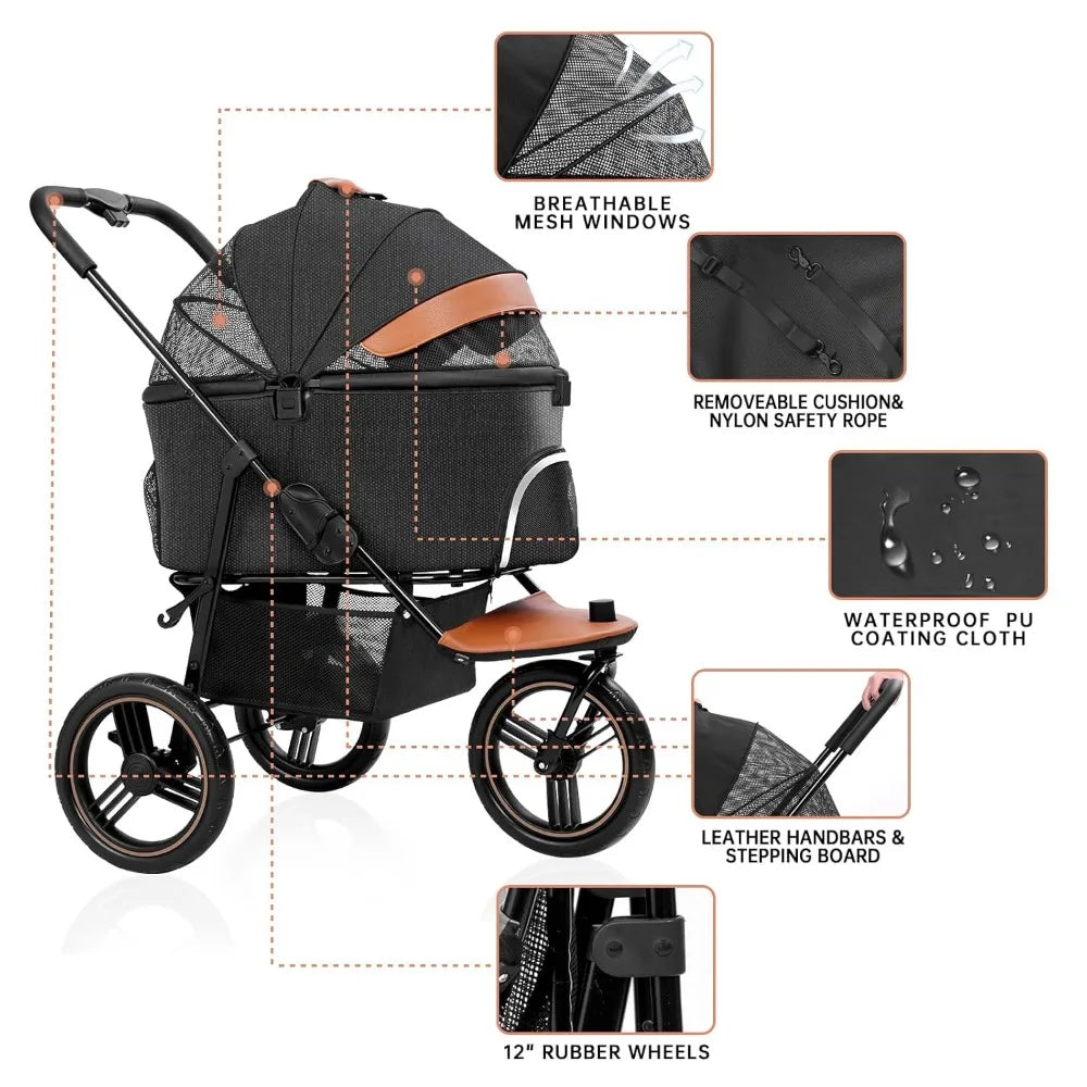 3in1 Pet Stroller Dog/Cat Jogger Strollers 3 Wheels, Storage Basket and One-Button Folding Frame