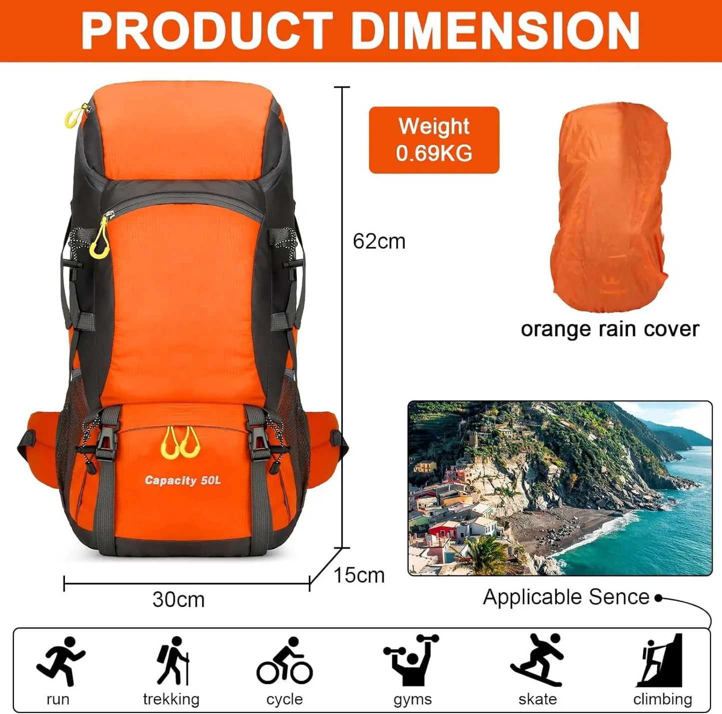 Waterproof 50L Lightweight Travel Backpack with Rain Cover