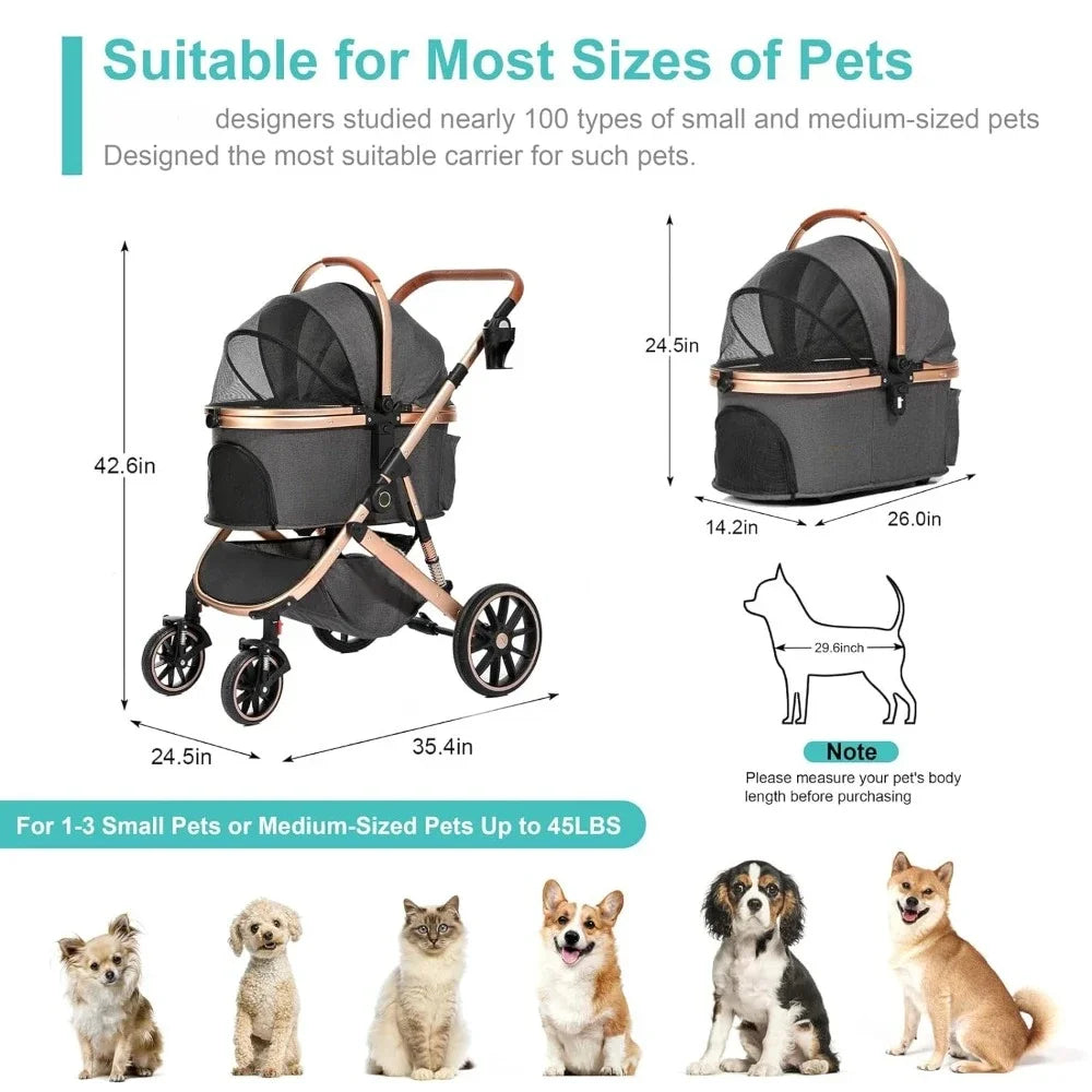 Stroller for Small Medium Dogs,Pet Stroller 3-in-1 4 Wheels Travel Jogger for Puppies Doggies Stroller with Detachable Carrier