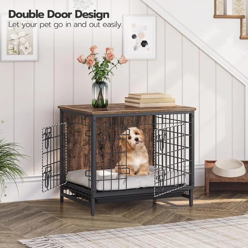 Dog Crate Furniture Wooden Dog Kennel with Removable Tray Heavy-Duty Dogs Cage End Side Table